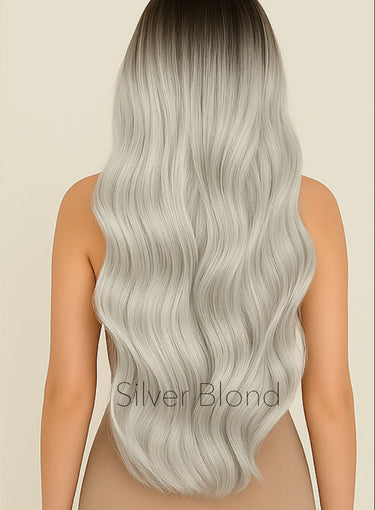 Zdjęcie z modelką – TAPE-IN EXTENSIONS Z WŁOSÓW NATURALNYCH PREMIUM Srebrny Blond – Rubin Extensions®