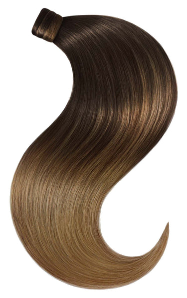 PONYTAIL LUXURY EXTENSIONS Sombre-Balayages Czarny & Jasny Brąz-Karmel – Rubin Extensions®