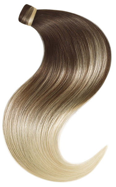Zdjęcie z bliska – Rubin Extensions Ponytail - z Włosów Naturalnych Extensions - Sombre Czekoladowy-Ciemny Brąz & Platynowy Blond – Rubin Extensions®