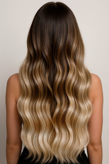 Zdjęcie z modelką – CLIP-IN EXTENSIONS LUXURY JAKOŚĆ DELUXE SOMBRE BALAYAGE Czekoladowy-Ciemny Brąz & Platynowy Blond – Rubin Extensions®