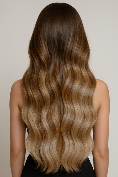 Rubin Extensions CLIP-IN EXTENSIONS - SOMBRE-BALAYAGES Czekoladowy-Ciemny Brąz & Miodowy Blond – Rubin Extensions®