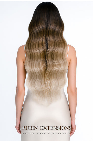 Tape-in Extensions 100% z Włosów Naturalnych - Ombre - BalayageLine, Czekoladowy-Ciemny Brąz & Srebrny Blond – Rubin Extensions®