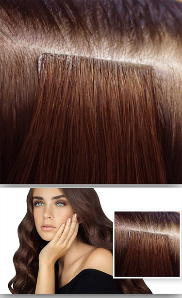Zdjęcie z modelką – TAPE-IN EXTENSIONS INVISIBLE Kasztanowy-Ciemny Brąz – Rubin Extensions®