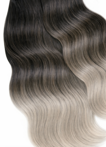 Zdjęcie z bliska – CLIP-IN EXTENSIONS LUXURY OMBRÉ BALAYAGE Czarny & Srebrny Blond – Rubin Extensions®