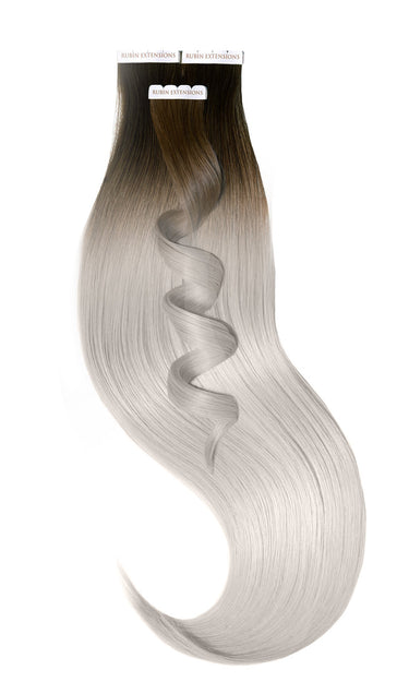 TAPE-IN EXTENSIONS Z WŁOSÓW NATURALNYCH, Czekoladowy-Ciemny Brąz & Srebrny Blond – Rubin Extensions®