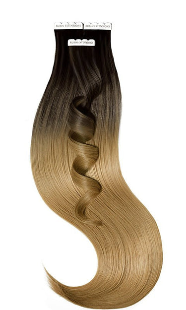 TAPE-IN EXTENSIONS Z WŁOSÓW NATURALNYCH, Czarny-Brąz & Jasny Brąz-Karmel – Rubin Extensions®