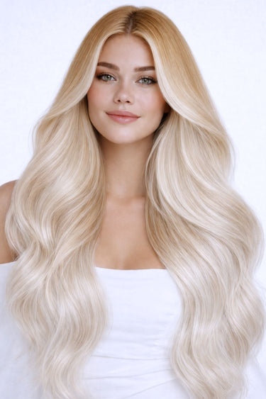 Zdjęcie z modelką – Clip-in Extensions z Włosów Naturalnych - Fashion Line, Rooted Miodowy Blond & Srebrny Blond – Rubin Extensions®