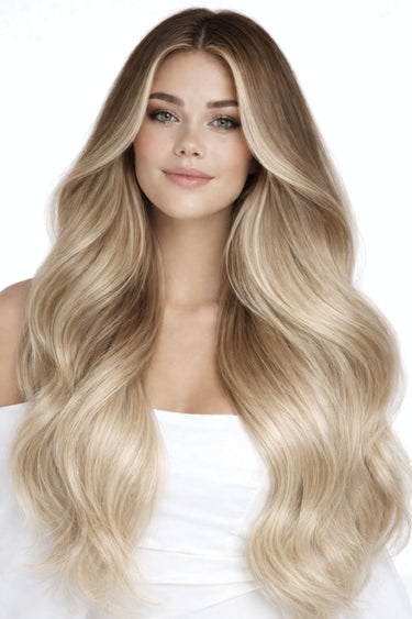 Zdjęcie z modelką – Rubin Extensions - Clip in Extensions | Naturalny Złoty Brąz & Jasny Blond - Fashion Line – Rubin Extensions®