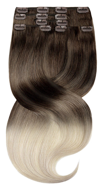 Zdjęcie z bliska – CLIP-IN EXTENSIONS SOMBRÉ BALAYAGE Czekoladowy-Ciemny Brąz & Jasny Blond Fashion Line – Rubin Extensions®
