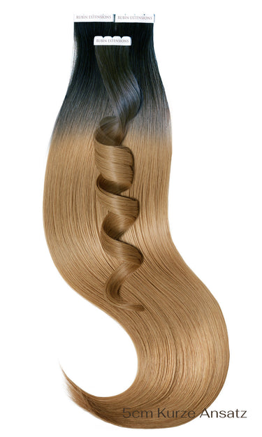 Zdjęcie z bliska – Tape in Extensions - Luxury - z Włosów Naturalnych - Czarny & Jasny Brąz-Karmel – Rubin Extensions®