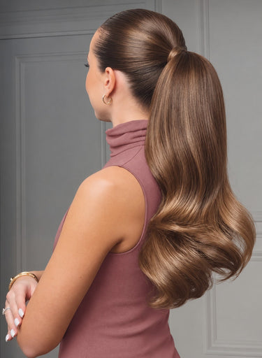 Zdjęcie na modelce — Rubin Extensions Ponytail z 100% z Włosów Naturalnych 56cm - Czekoladowy-Ciemny Brąz & Jasny Brąz Karmel