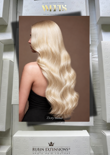 Rubin Extensions — Złoty blond, zdjęcie koloru na modelce